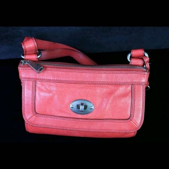 Fossil Marlow Orange Genuine Leather Top Zip Purse Shoulder Bag CrossBody ZB5559 - Picture 1 of 7